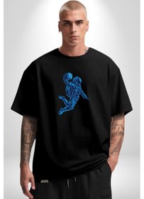 Resim Basketbol Mars Uzay Smaçı Pamuklu Bisiklet Yaka Unisex Oversize Boyfriend Dijital Baskılı Siyah T-shirt Siyah 