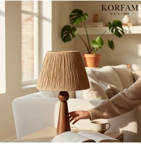 Resim Kahverengi Rafya Başlıklı Ahşap Abajur Çok Renkli 