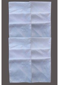 Resim Çiçek Işlemeli Bayan Mendili 12 Adet 28X28 Cm Pamuk - Beyaz 