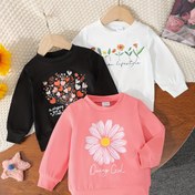 Resim 3-Lü Şirin Çiçek Desenli Crew Boyunlu Sweatshirtler Küçük Kızlar İçin - Örgü Polyester Karışımı, Az Esnek, Normal Beden, Uzun Kollu Kışlık Aktif Üstler 