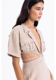 Resim Fashion Cocktail Ham Keten Arka Yırtmaçlı Kalem Etek Derin V Yaka Kısa Kol Krop Bohem Yazlık Takım Krem 