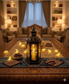 Resim 43 Cm Ramazan Ledli Siyah Model Çift Mumlu Lüks Fener - Pil Dahil Dekoratif Ramazan Feneri Diğer 