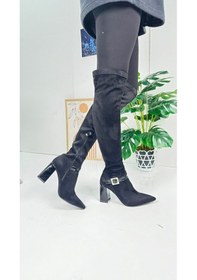 Resim Günlük Kadın Çizme Kalın Deri Topuklu Altın Tokalı Dizüstü Streç Süet Sivri Burun Tırtıklı Taban 371 Siyah 