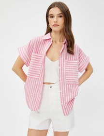 Resim Keten Gömlek Kısa Kollu Cepli 