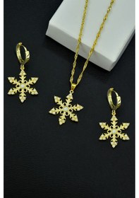 Resim Papatya Silver 925 Ayar Gümüş Gold Kaplama Singapur Zincir Opal Kar Tanesi Kadın Kolye ve Küpe Set 