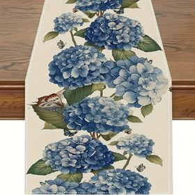 Resim 1 adet, Keten Masa Koşucusu - Bahar Hortensia Çiçeği, Mavi Kelebek Deseni, Dış Mekan Parti Malzemeleri, Ev Dekorasyonu 13x48/13x72/13x108/İnç 