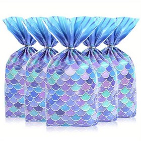 Resim 30 adet Denizkızı Kuyruğu Parti Hediye Plastik Poşet, 21.84x32.0cm/8.6x12.6inç, Mavi Mor Işıltılı Selofan Lezzet Poşetleri, Doğum Günü, Düğün Şeker ve Kurabiye Ambalajı İçin Burgu Bağları - Takı Yapımı Gösterim ve Ambalaj Malzemeleri 