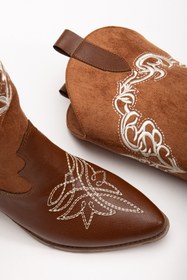 Resim MS SUGAR SHOES Kadın Vegan Deri Süet Beyaz Nakışlı Floral Çiçek Detaylı Nakışlı Western Kovboy Bot Çizme 