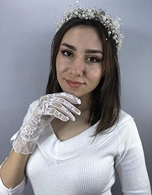 Resim Beyaz Fiyonklu Dantelli Eldiven Ve Krem İncili Taç Nikah Takımı 