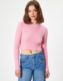 Resim Koton Crop Triko Kazak Bisiklet Yaka Slim Fit Uzun Kollu Pembe 5wal90019ht Gül GÜL 