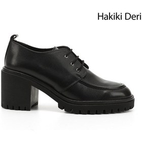 Resim Gönderi R Siyah Bağcıklı Orta Kalın Topuklu Hakiki Deri Ayakkabı Siyah 