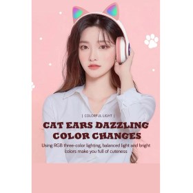 Resim Acl Kedi Kulaklı Bluetooth Kablosuz Renkli Işıklı Rgb Çocuk Oyuncu Kulaklık Hafıza Kartı Aux Girişli Kulak Üstü Kulaklık 