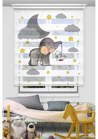 Resim Sevimli Fil Ve Tavşan Baskılı Çocuk Odası Perdesi - Dijital Baskılı Zebra Stor Perde Çok Renkli 
