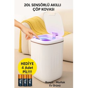Resim Kont 20L Sensörlü Akıllı Antibakteriyel Çöp Kovası Otomatik Kapaklı, Banyo Mutfak 4 Pil Yanında 