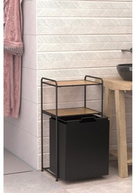 Resim 2 Katlı Çamaşır Sepeti Kirli Sepeti Ahşap Raflı Banyo Dolabı Banyo Düzenleyici Organizer Mat Siyah Mg100 Siyah 