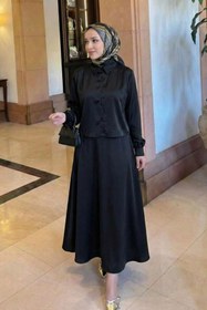 Resim adamila Kadın Saten Omuz Pileli Gömlekli Etek Takım - Dökümlü İkili Takım Tesettür Giyim 