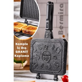 Resim Bermira Home Collection Bermira Granit Döküm Ocak Üstü El Tost Makinesi Siyah Alüminyum Yapışmaz Yüzeyli 4 Dilim Kapasite 