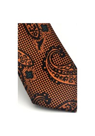 Resim Gaffy Açık Kahverengi Şal Desenli Siyah Dokuma Kumaş Mendilli Slim Fit Kravat // Sdk-2606-1 Siyah 
