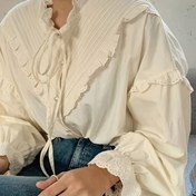 Resim Fransız Papyon Bağlı Uzun Kollu Gömlek, Kadın Bahar ve Sonbahar Patchwork Gömlek, Şık Üst 