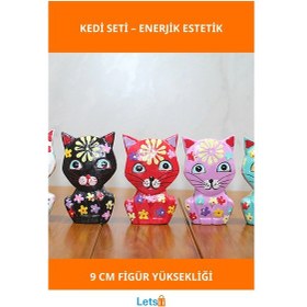 Resim El Yapımı Renkli Ahşap Kedi Figürleri 5'li Set 1 Adet 