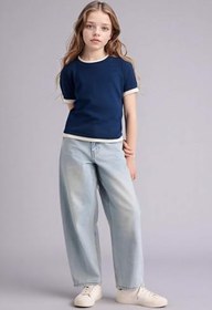 Resim DeFacto Kız Çocuk Slim Fit Ribana Kısa Kollu Tişört Lacivert 