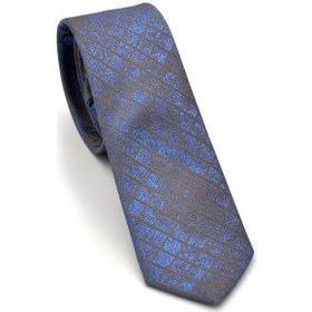 Resim Gaffy Mavi Kare Desenli Koyu Gri Dokuma Kumaş Mendilli Slim Fit Kravat // SDK-240104 Koyu Gri 