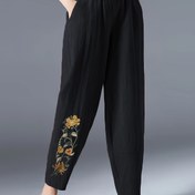 Resim Kadınlar İçin Şık Çiçek Desenli Nakışlı Düz Paça Pantolon - %100 Polyester, Esnek Bel Bantı, Makinede Yıkanabilir, Tüm Mevsimler İçin Rahat Günlük Giyim 