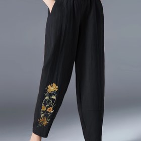 Resim Kadınlar İçin Şık Çiçek Desenli Nakışlı Düz Paça Pantolon - %100 Polyester, Esnek Bel Bantı, Makinede Yıkanabilir, Tüm Mevsimler İçin Rahat Günlük Giyim 