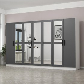 Resim Minar Kale 7 Kapaklı 5 Aynalı 2 Çekmeceli Dolap Beyaz Antrasit 210 cm 