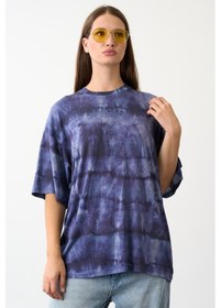 Resim Bisiklet Yaka Batik Baskı T-shirt Mavi 