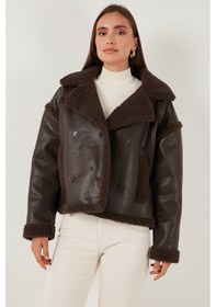 Resim Lela Oversize Kruvaze Yaka Peluş Detaylı Suni Deri Biker Ceket Bayan Mont 6810247 Kahve 