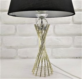 Resim Gümüş Kaplama Burgu Metal Ayaklı Kristal Cam Toplu Siyah Kumaş Şapkalı Abajur Masa Lambası 