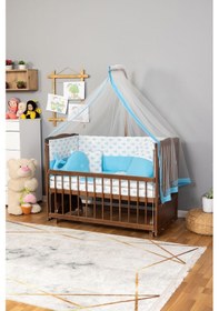 Resim Ahşap Beşik Anne Yanı Beşik Ceviz 60x120 - Mavi Balina Uyku Seti Yatak Ceviz 