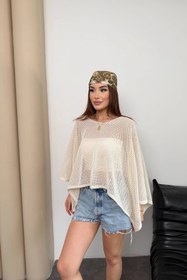 Resim Lusin Kadın Bej Kayık Madonna Yaka Panço Görünümlü Şık Oversize Yazlık Mevsimlik File Bluz 
