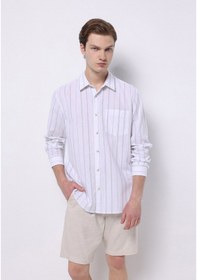 Resim Colins Regular Fit Shirt Neck Çizgili Erkek Keten Karışımlı Beyaz Uzun Kol Gömlek Cl1074499 Q1.v2 Wsd Whıte Strıped 