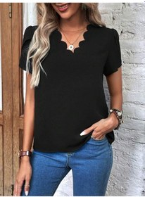 Resim Soonaksesuar Kadın Kısa Kollu Lazer V Yakalı Ithal Krep Bluz Siyah 