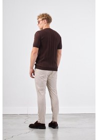 Resim Dufy Kahve Fitilli Erkek Triko - Slim Fit Kahve 