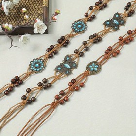 Resim Kadınlar için Bohem Şık Örgülü Bel Kemerı - Vintage Tarzı Turkuaz ve Kahverengi Boncuklu Bel Zinciri Süslü Metal Çiçek Ayrıntıları ile, Günlük veya Rahat Giyim İçin Mükemmel 