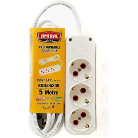 Resim Amiral 3' Lü Topraklı 5 Metre Kablolu Grup Priz 