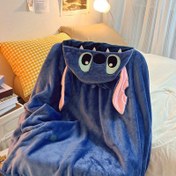 Resim Disney Stitch peluş kapüşonlu şalı - kulakları ve gözleri olan yumuşak çift taraflı mavi pelerin, ofis kestirimi için uygun rahat seyahat battaniyesi, salon koltuğu ve açık hava macerası için uygundur 