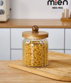 Resim Mien Akasya Kapak Borosilikat Çizgili Cam Kavanoz 600 Ml Ahşap - Şeffaf 