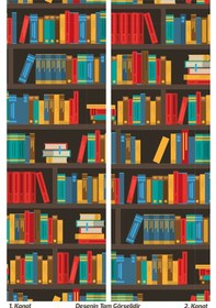 Resim Kitaplık Desenli Süet Oturma Odası Salon Fon Perde Baskılı Ekstrafor Büzgü 2 Kanat Prd-1098 Çok Renkli 