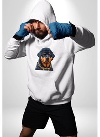 Resim Rottweiler Koca Kafa Puppy Kadın Erkek Beyaz Kapüşonlu Sweatshirt Hoodie Beyaz 