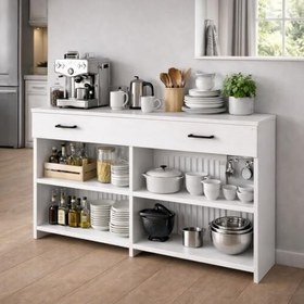 Resim bangu Petek Üstü Minimal Kahve Köşesi Dolabı (Derinlik 32 cm) Bohem Kahve Standı BPKM008 (BEYAZ, 160 CM) 
