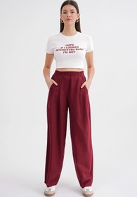 Resim Mixray 4682 Kadın Beli Lastikli Jogger Bol Keten Pantolon Bordo 