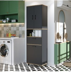 Resim Çamaşır Sepetli Banyo Dolabı, Çok Amaçlı Dolap 60 X 200 Antrasit- Atlantik Çam 