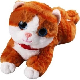 Resim Miyavlayan Sesli Kedi Peluş Oyuncak Uyku Arkadaşı Hediyelik Peluş Yatan Kedi 35 Cm Turuncu 