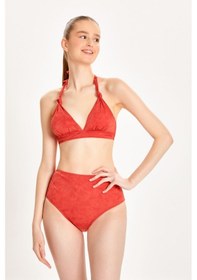 Resim Too Salty Swimwear Kadın Kiremit Süet Görünümlü Toparlayıcı Yüksek Bel Boyundan Bağlı Bikini Takımı 24s106st Kiremit 