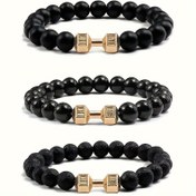 Resim 1 adet Yakışıklı Dambıl Erkek Bilekliği Moda Siyah 8mm Obsidyen Boncuklu Bileklik Takı Doğum Günü Sevgililer Günü Hediyesi 