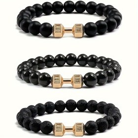 Resim 1 adet Yakışıklı Dambıl Erkek Bilekliği Moda Siyah 8mm Obsidyen Boncuklu Bileklik Takı Doğum Günü Sevgililer Günü Hediyesi 